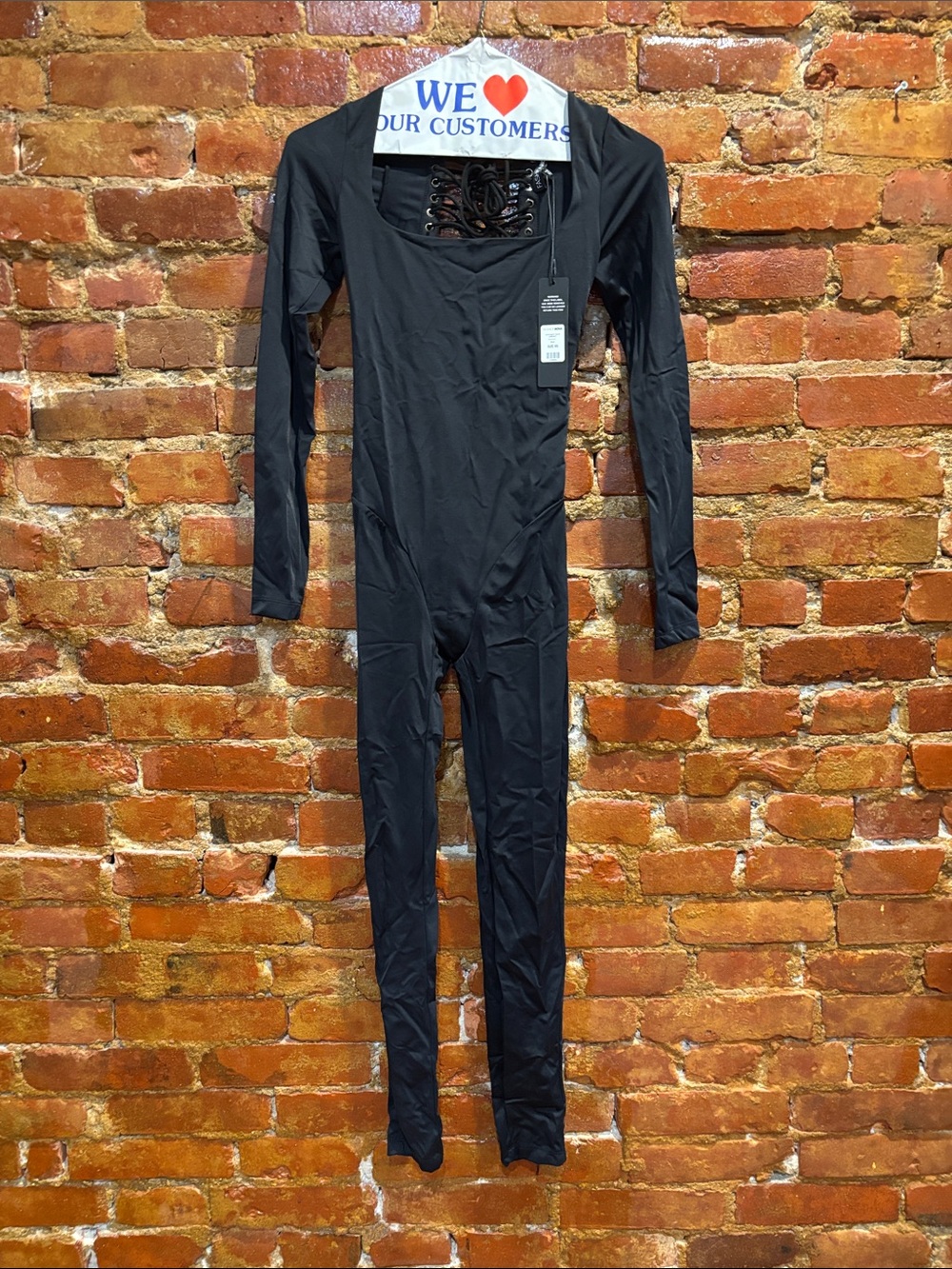 Fashion Nova Black Long-Sleeve One-Piece Bodysuit tie up back